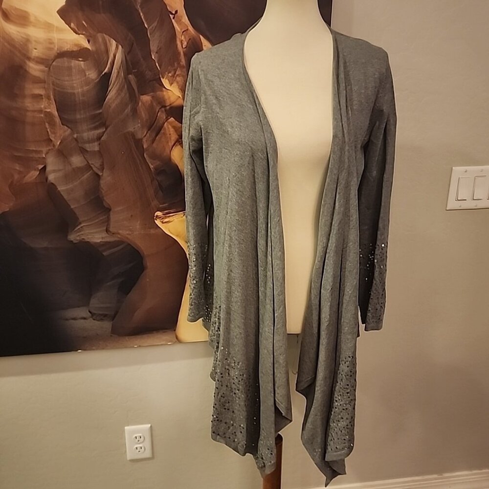 Soft Surroundings Soft Gray Cascade Open Cardigan Sequin Accents Size M